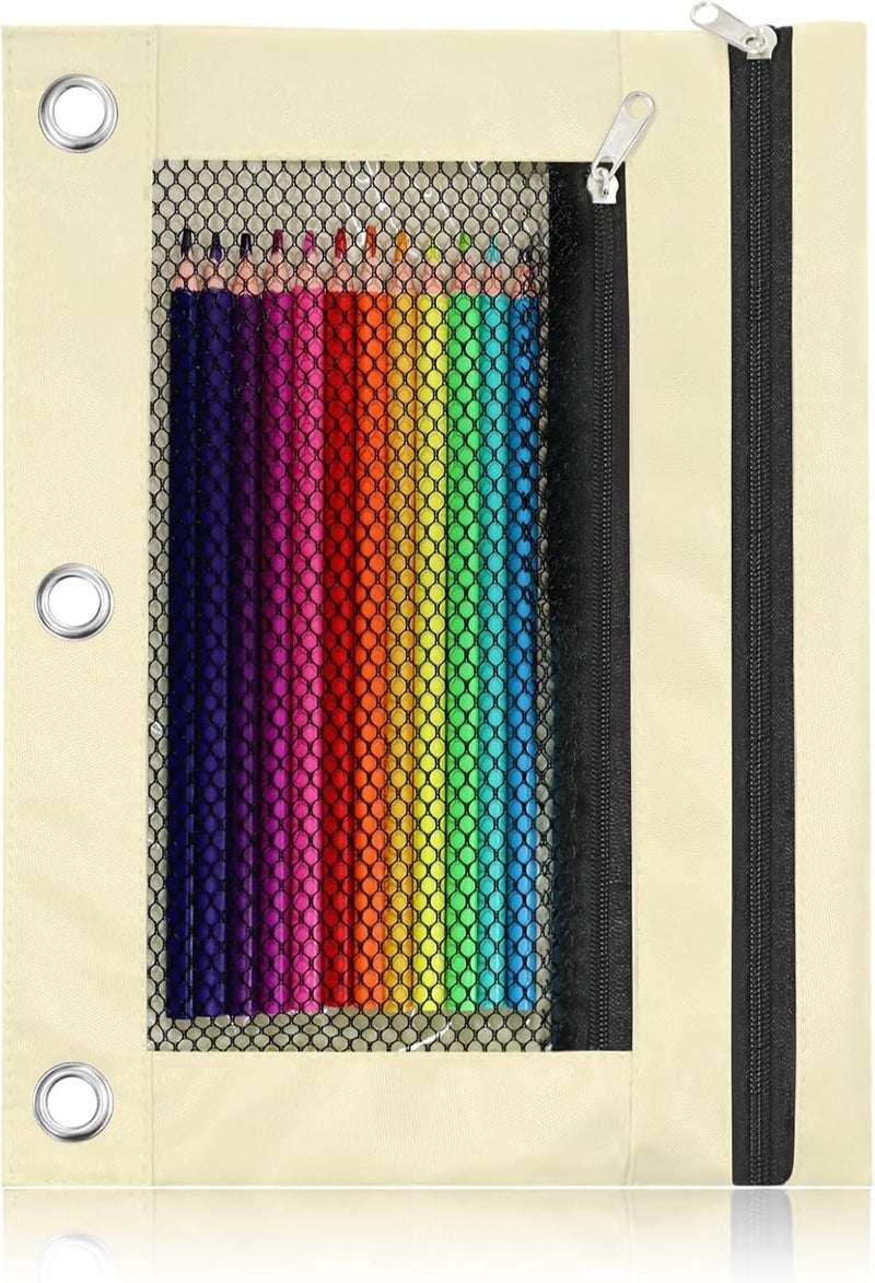 ASBEFORE Pencil Pouch for 3 Ring Binder - 3 Hole Zipper Pen Case Bag Holder Bulk Accessories Clear Window Aesthetic Organizer Pockets (Beige, 1) - Image 1